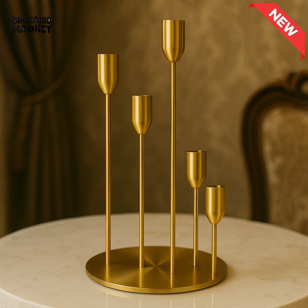 LUXURY GOLD METAL CANDLE HOLDER – 5-ARM TAPER CENTERPIECE LARGE