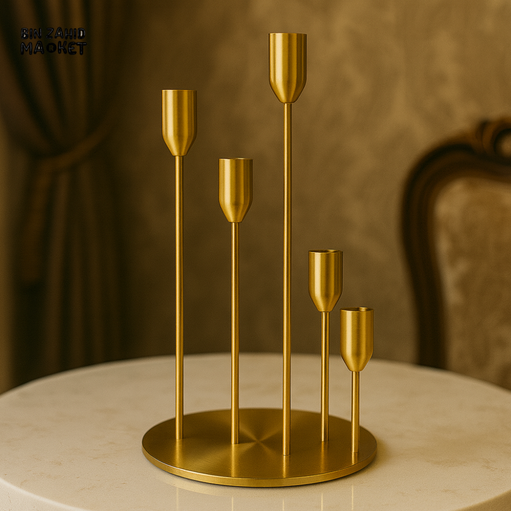 LUXURY GOLD METAL CANDLE HOLDER – 5-ARM TAPER CENTERPIECE LARGE