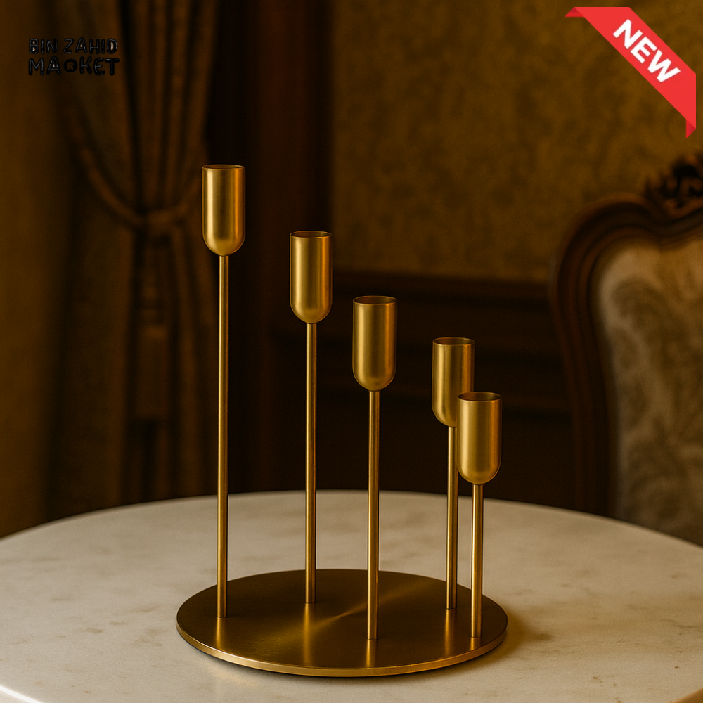 LUXURY GOLD METAL CANDLE HOLDER – 5-ARM TAPER CENTERPIECE SMALL