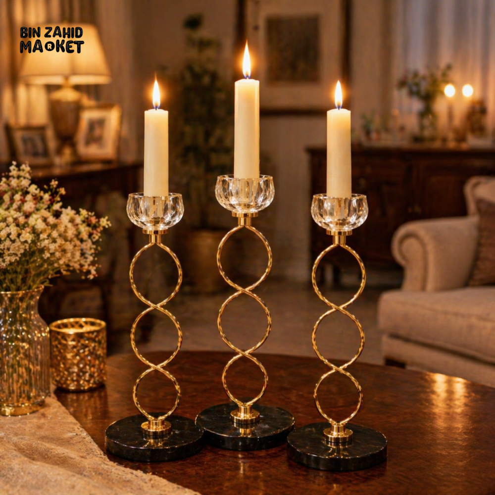 LUXURY GOLD METAL CRYSTAL RING CANDLE STAND 3 PIECES SET
