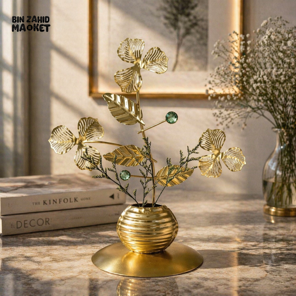 LUXURY GOLD METAL FLOWER VASE DECOR WITH CRYSTAL ACCENTS