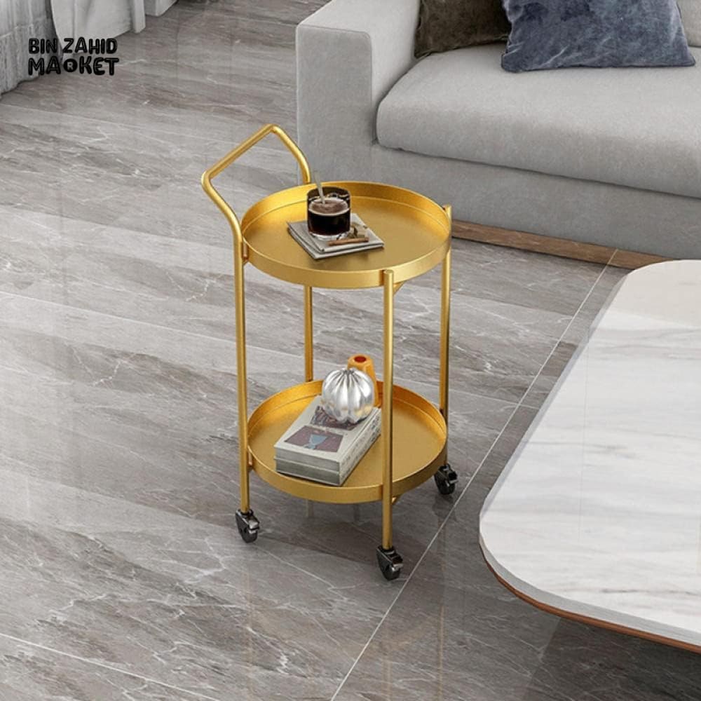LUXURY GOLD METAL SERVING CART – MODERN ROUND BAR TROLLEY WITH WHEELS FOR LIVING ROOM & SALON