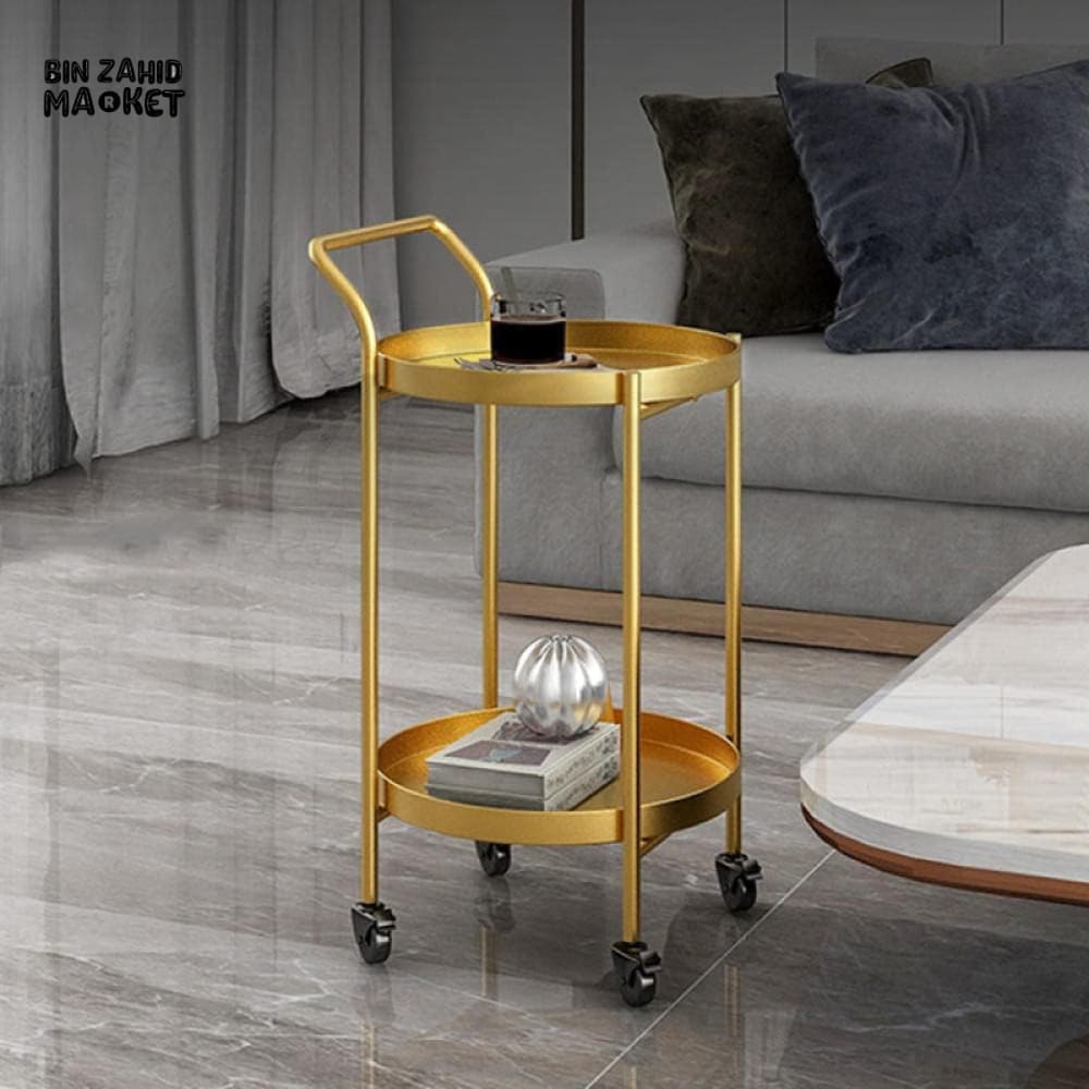 LUXURY GOLD METAL SERVING CART – MODERN ROUND BAR TROLLEY WITH WHEELS FOR LIVING ROOM & SALON