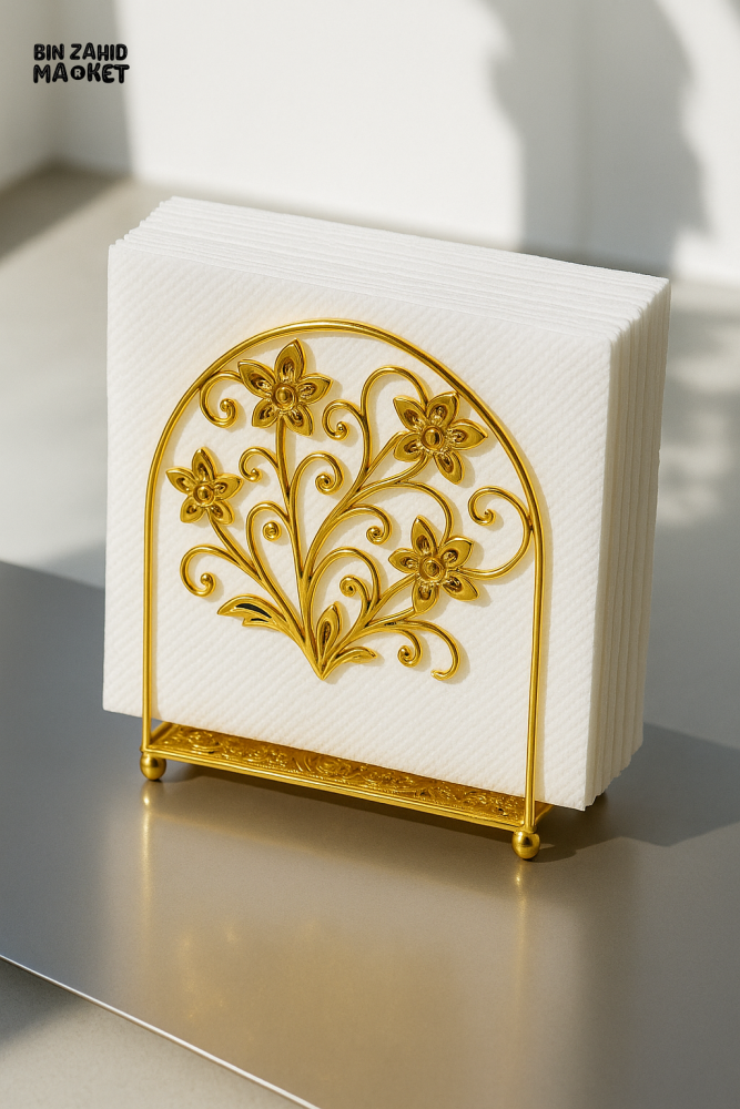 LUXURY GOLD NAPKIN HOLDER – FLORAL DESIGN TISSUE STAND FOR DINING & KITCHEN TH02