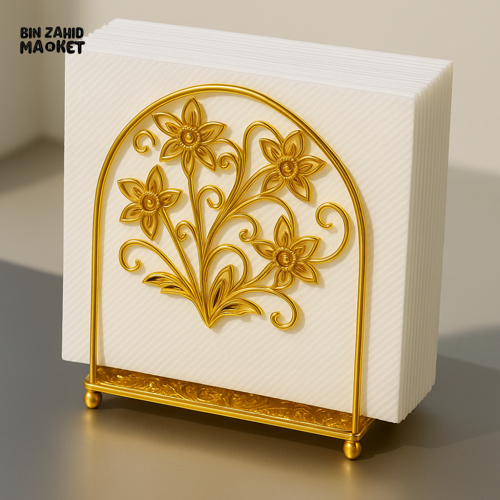 LUXURY GOLD NAPKIN HOLDER – FLORAL DESIGN TISSUE STAND FOR DINING & KITCHEN TH02