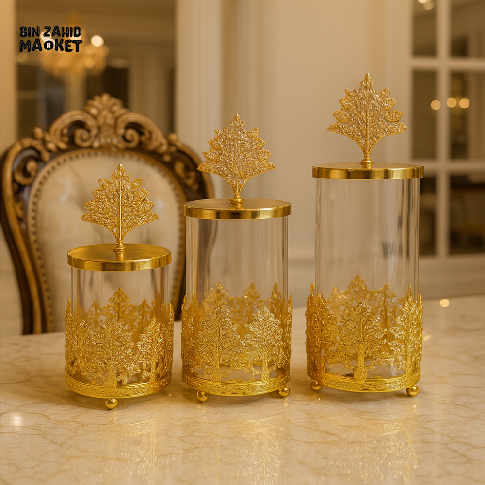 LUXURY GOLD ORNATE STORAGE JAR SET FOR DINING TABLE DECOR
