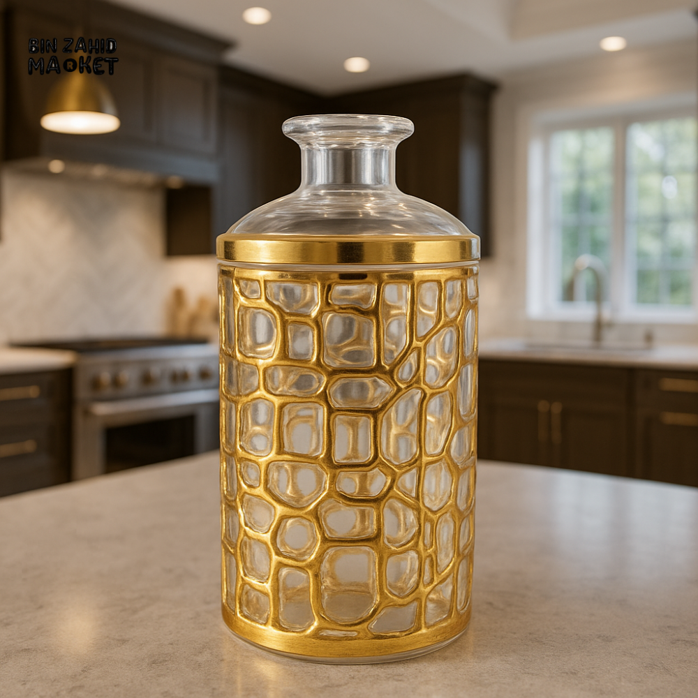 LUXURY GOLD PATTERNED GLASS JAR – DECORATIVE STORAGE CONTAINER FOR KITCHEN, SNACKS & HOME ORGANIZATION