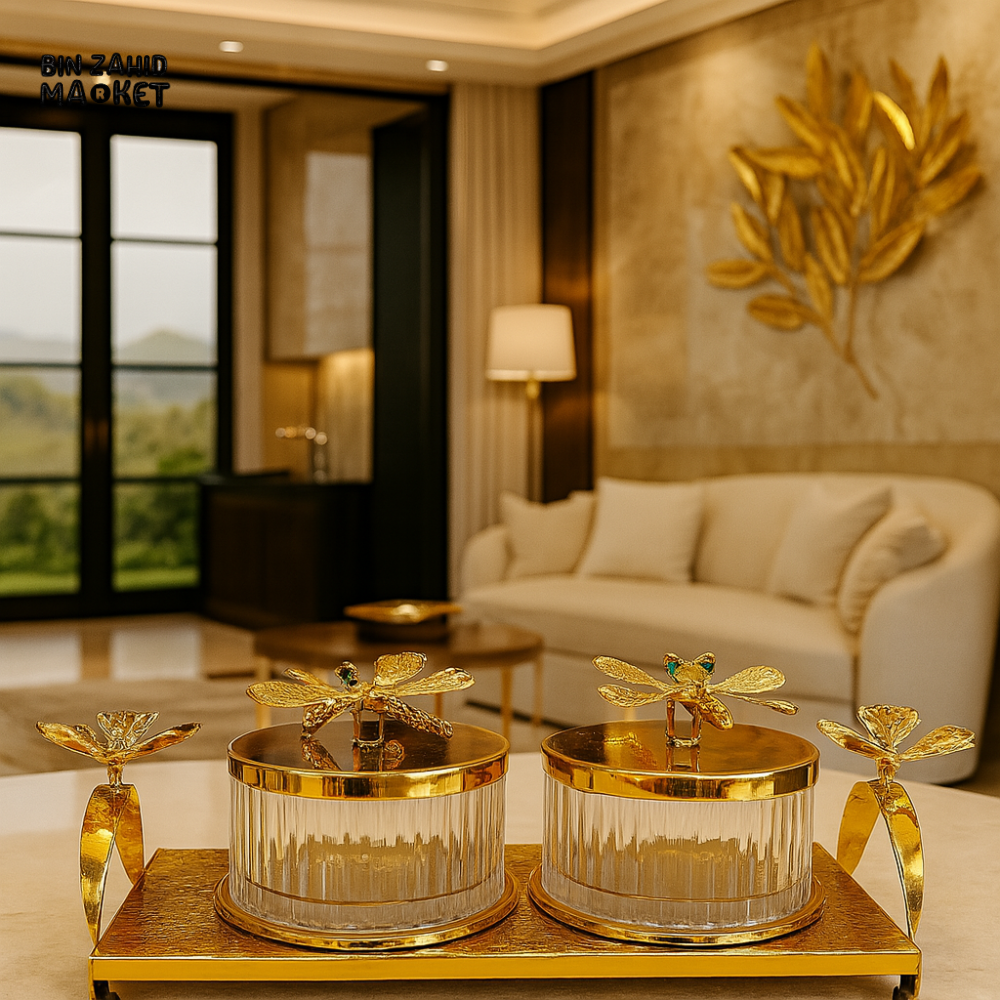 LUXURY GOLD PLATED CRYSTAL JAR SET WITH TRAY FOR TABLE DECOR