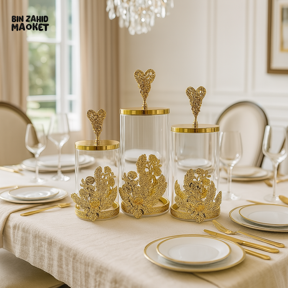 LUXURY GOLD PLATED GLASS JAR SET FOR DINING TABLE DECOR – VILLA STYLE CENTERPIECE
