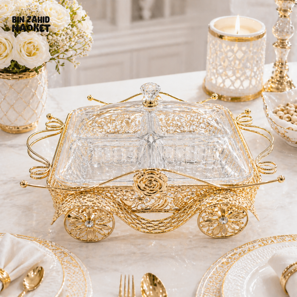 LUXURY GOLD PLATED SERVING DISH WITH LID – 4 COMPARTMENT GLASS SNACK & DRY FRUIT SERVER