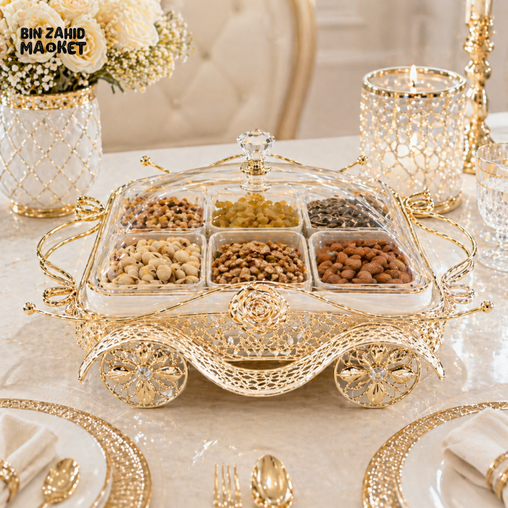 LUXURY GOLD PLATED SERVING DISH WITH LID – 6 COMPARTMENT GLASS SNACK & DRY FRUIT SERVER