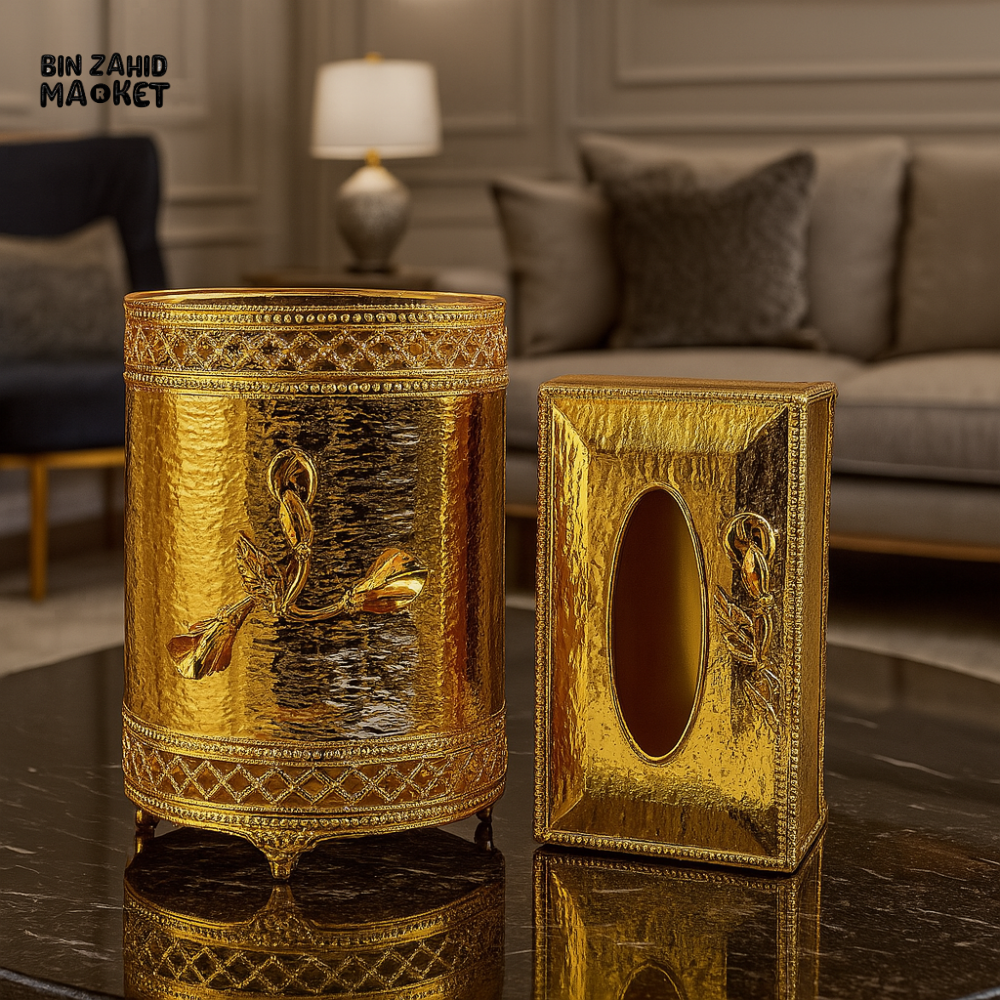 LUXURY GOLD PLATED TISSUE BOX AND TRASH BIN SET FOR VILLA ROOM DECOR
