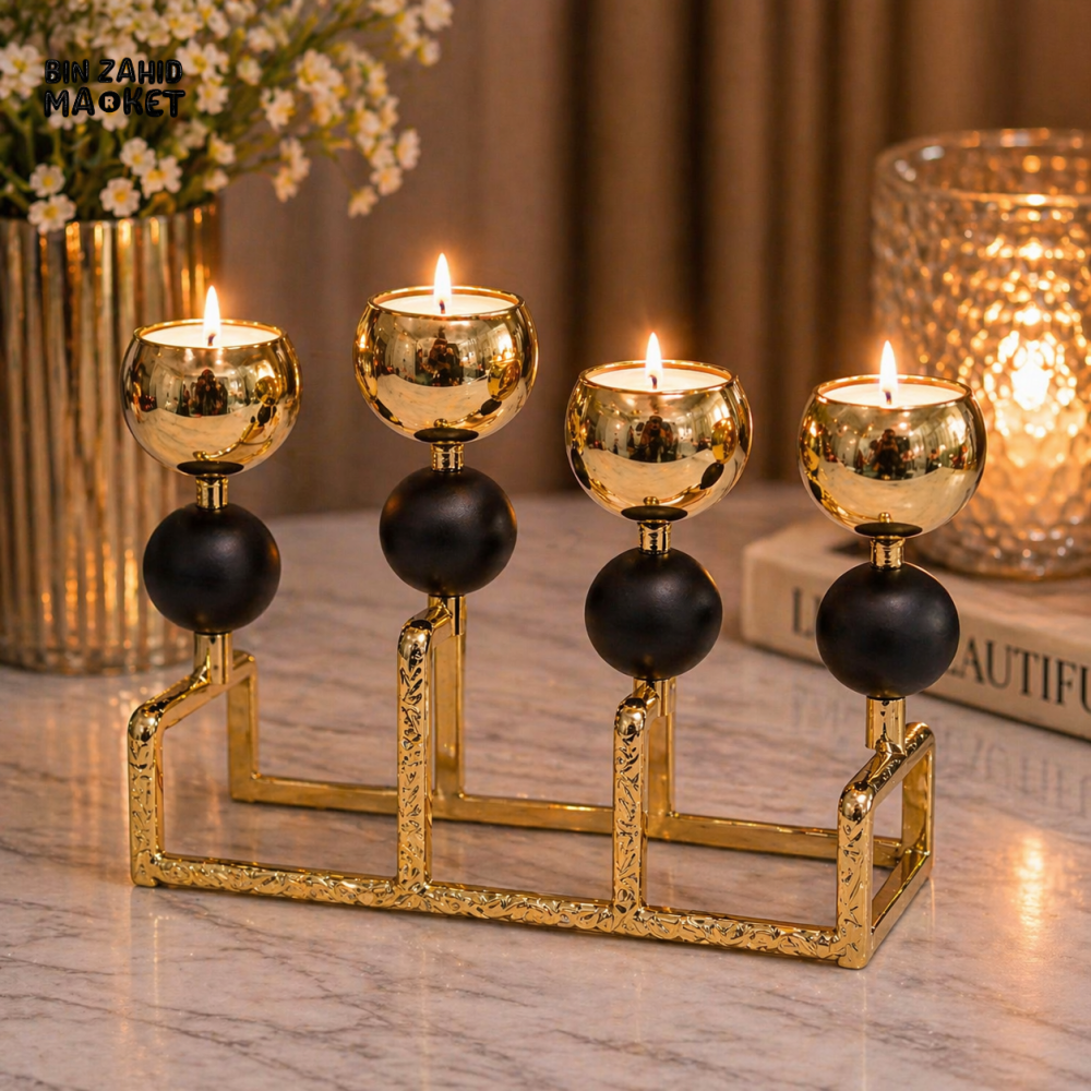 LUXURY GOLD QUAD CANDLE HOLDER WITH MODERN FRAME DESIGN