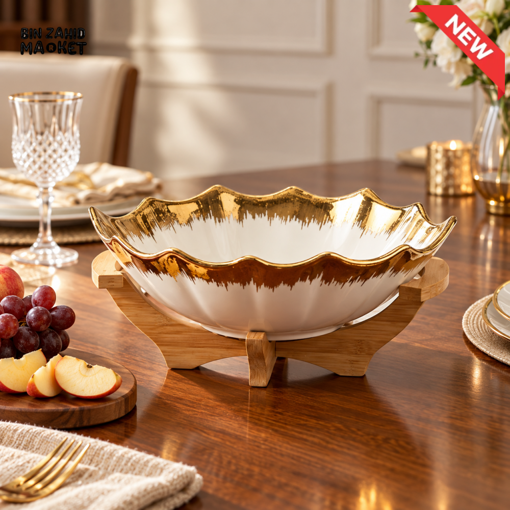 LUXURY GOLD RIM CERAMIC SERVING BOWL WITH BAMBOO STAND