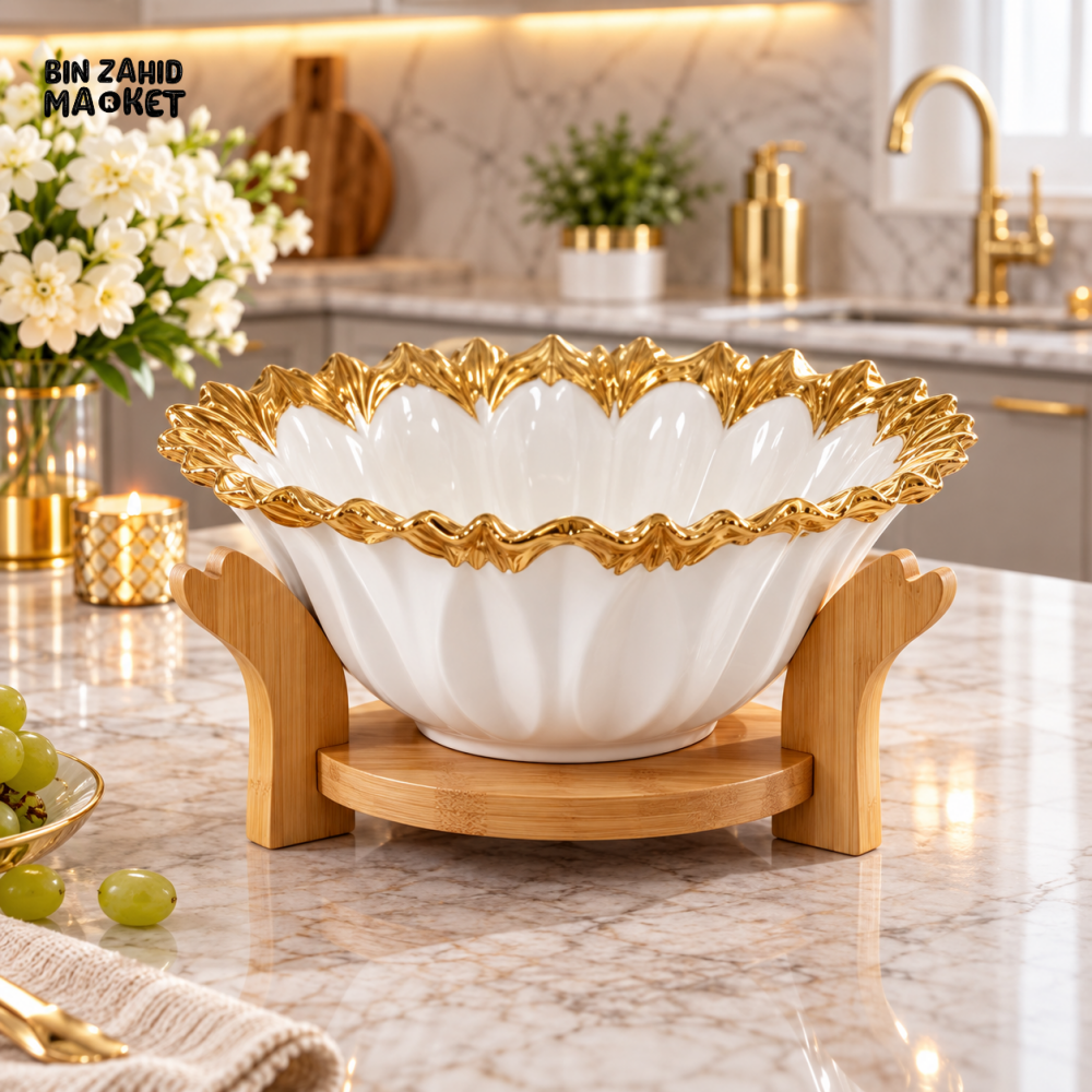 LUXURY GOLD RIM CERAMIC SERVING BOWL WITH BAMBOO STAND