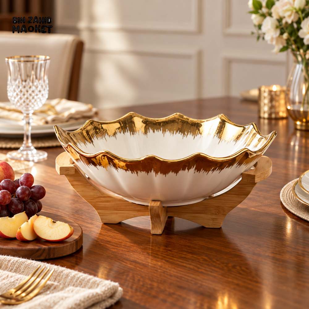 LUXURY GOLD RIM CERAMIC SERVING BOWL WITH BAMBOO STAND