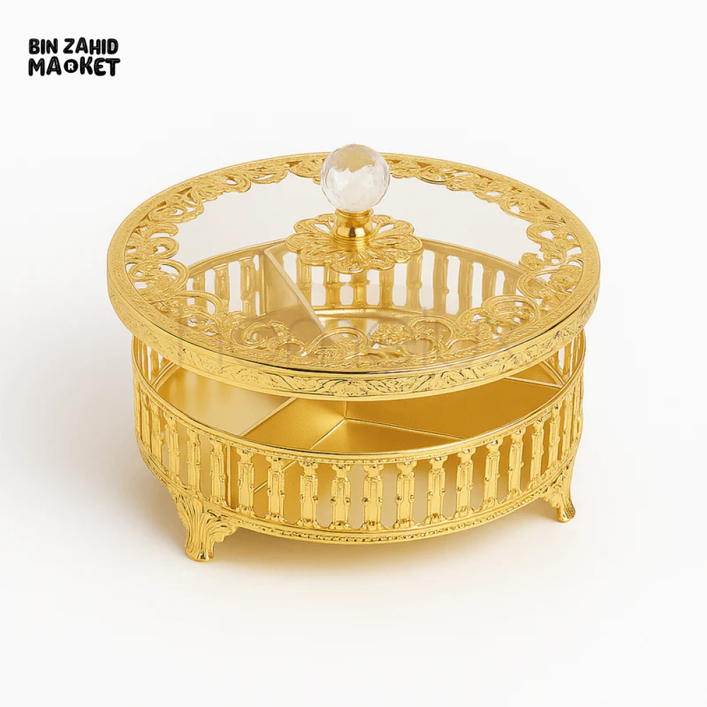 LUXURY GOLD ROUND DRY FRUIT BOX WITH GLASS LID AND CRYSTAL KNOB - HY8070R-S