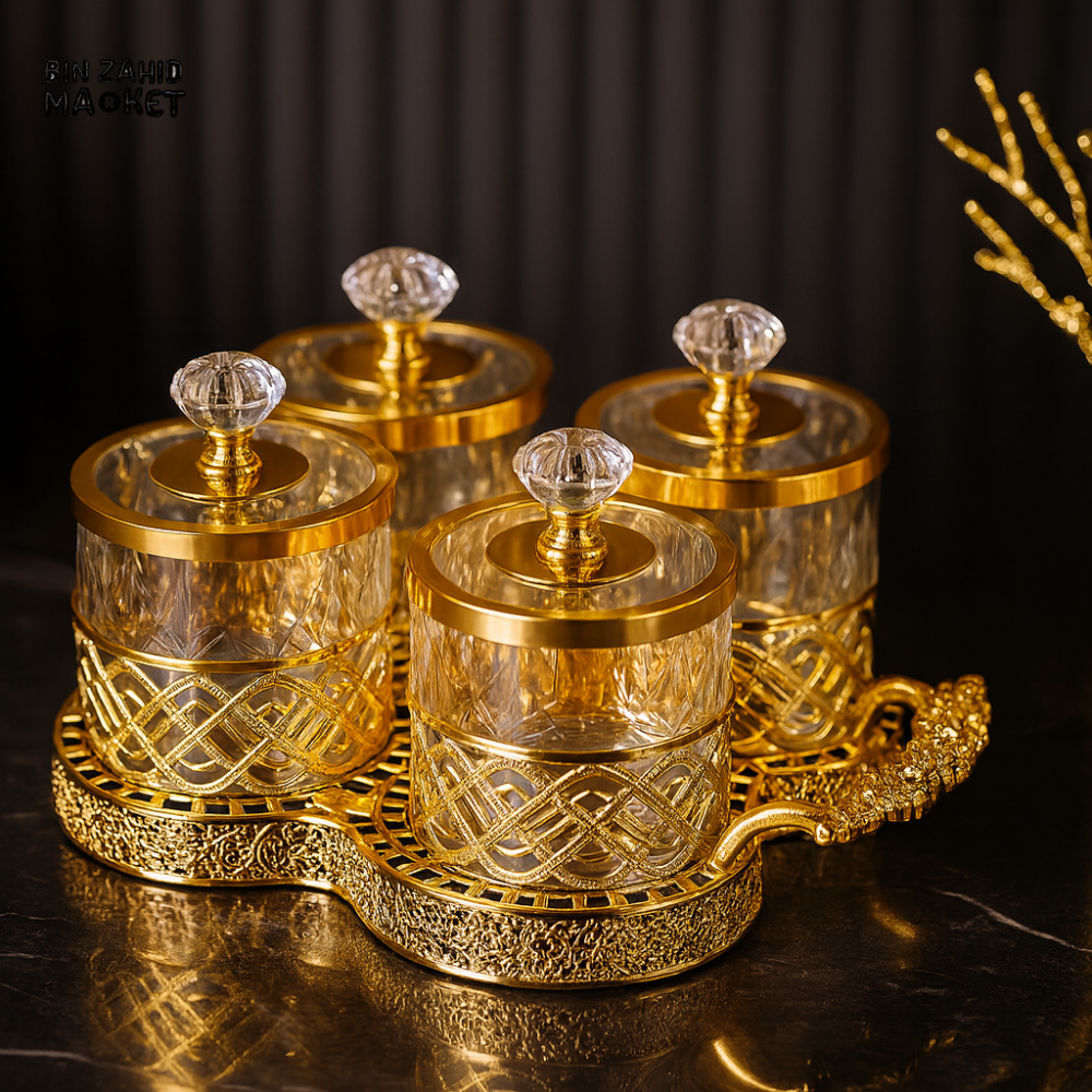 LUXURY GOLD SPICE JAR SET – 4-PIECE CRYSTAL CONTAINER SET WITH DECORATIVE SERVING TRAY
