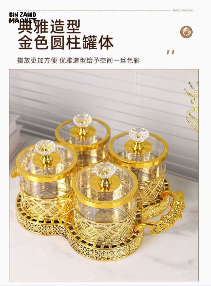 LUXURY GOLD SPICE JAR SET – 4-PIECE CRYSTAL CONTAINER SET WITH DECORATIVE SERVING TRAY