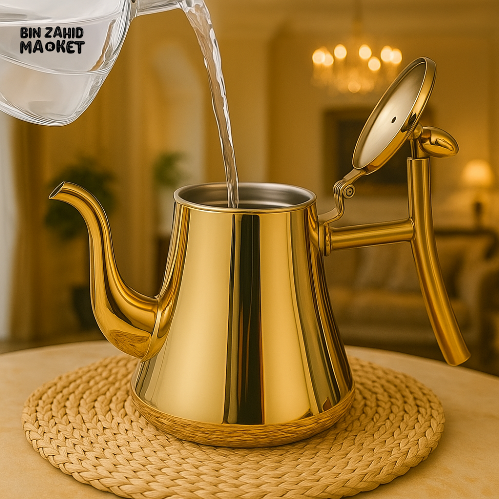 LUXURY GOLD STAINLESS STEEL COFFEE & TEA POT – ELEGANT LONG SPOUT KETTLE WITH CURVED HANDLE 2.0 LITRE