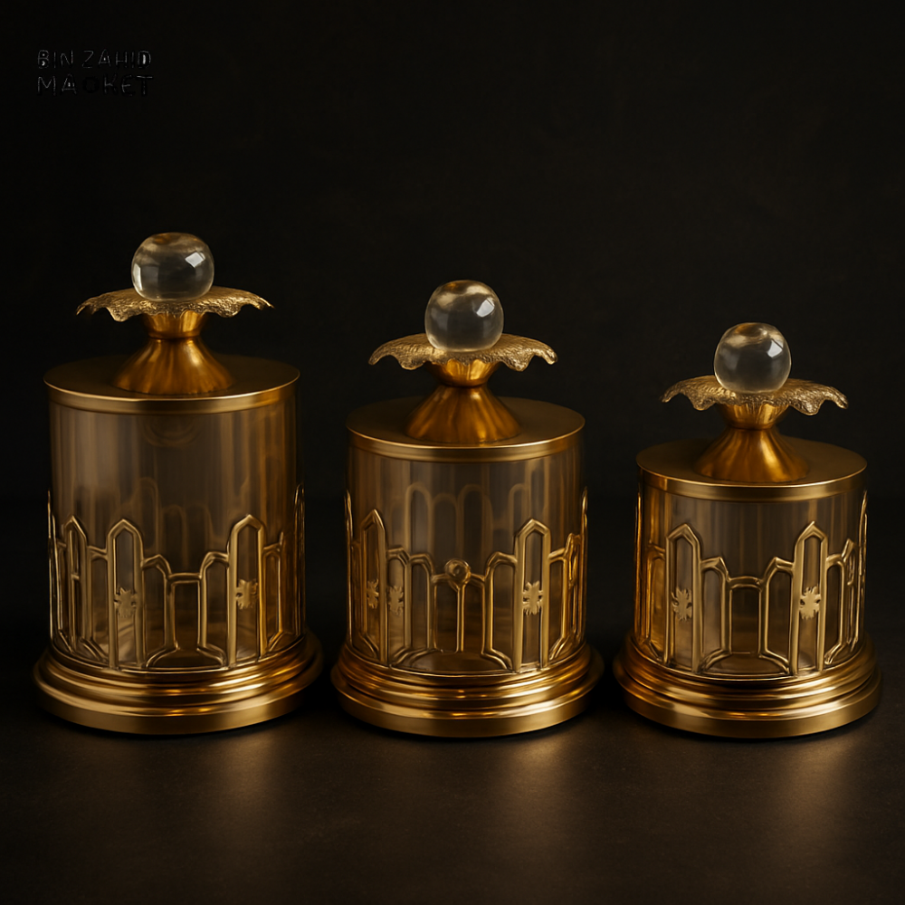 LUXURY GOLD STORAGE JAR SET – 3PCS ELEGANT TRANSPARENT DESIGN WITH CRYSTAL LIDS