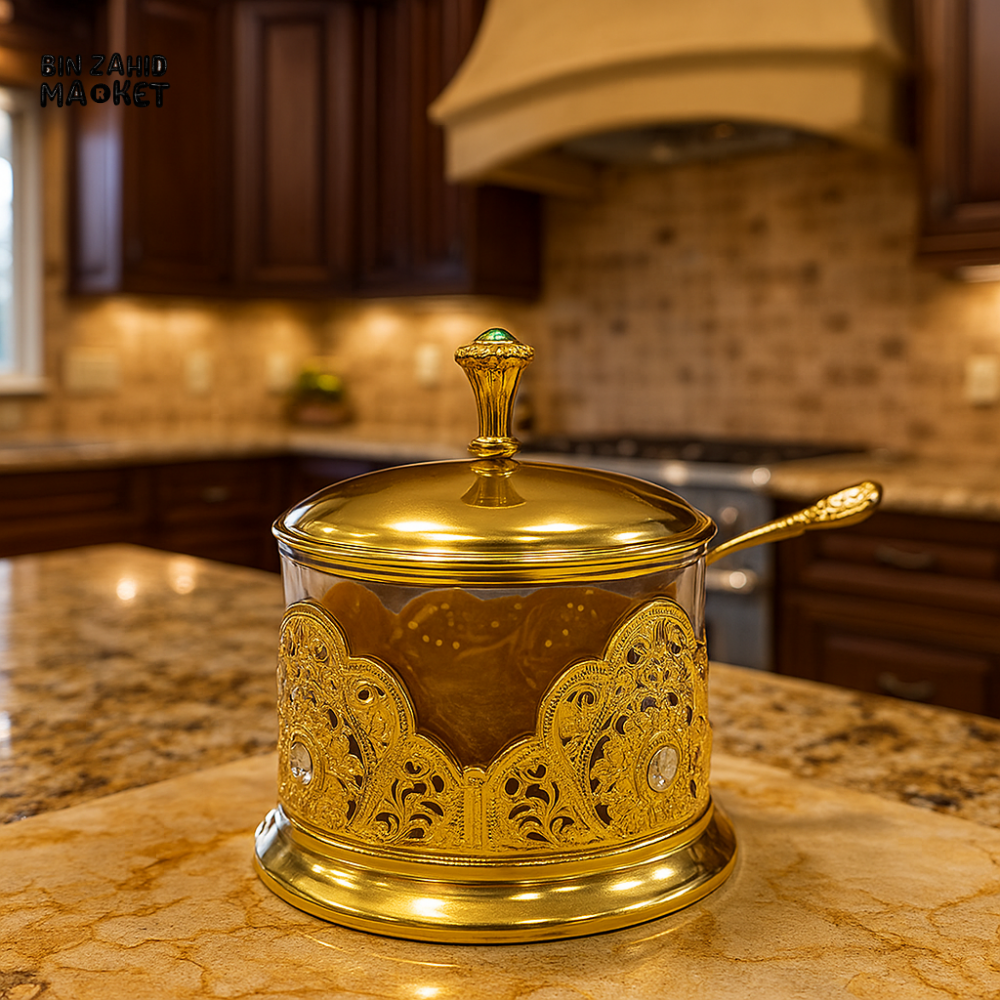 LUXURY GOLD SUGAR POT WITH SPOON – ROYAL DESIGN FOR KITCHEN & DINING DECOR