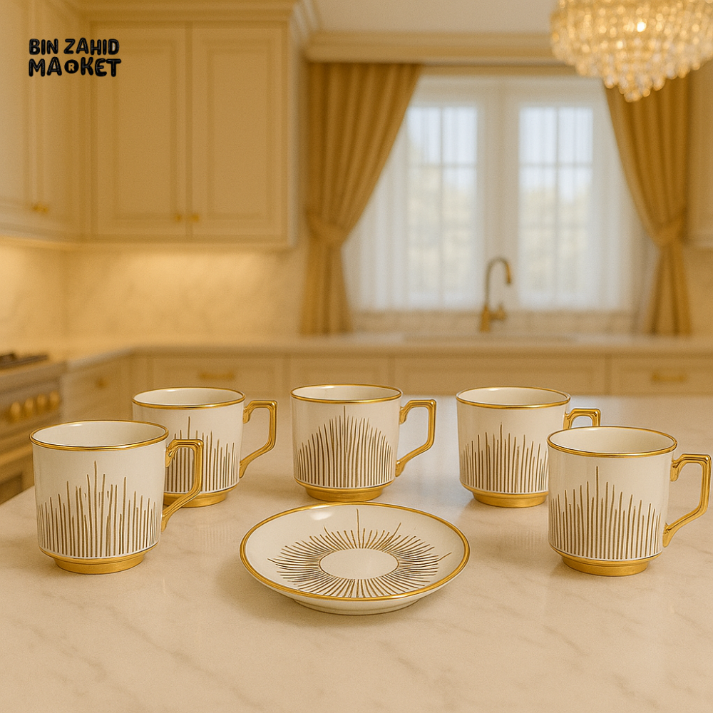 Luxury Gold Sunray Tea Cup Set – 6 Piece with Saucer | Elegant Porcelain Coffee Mugs for Premium Kitchen Display