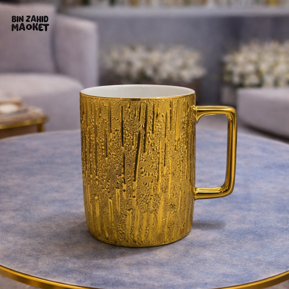 LUXURY GOLD TEXTURED CERAMIC COFFEE MUG WITH METALLIC HANDLE | ELEGANT TABLEWARE