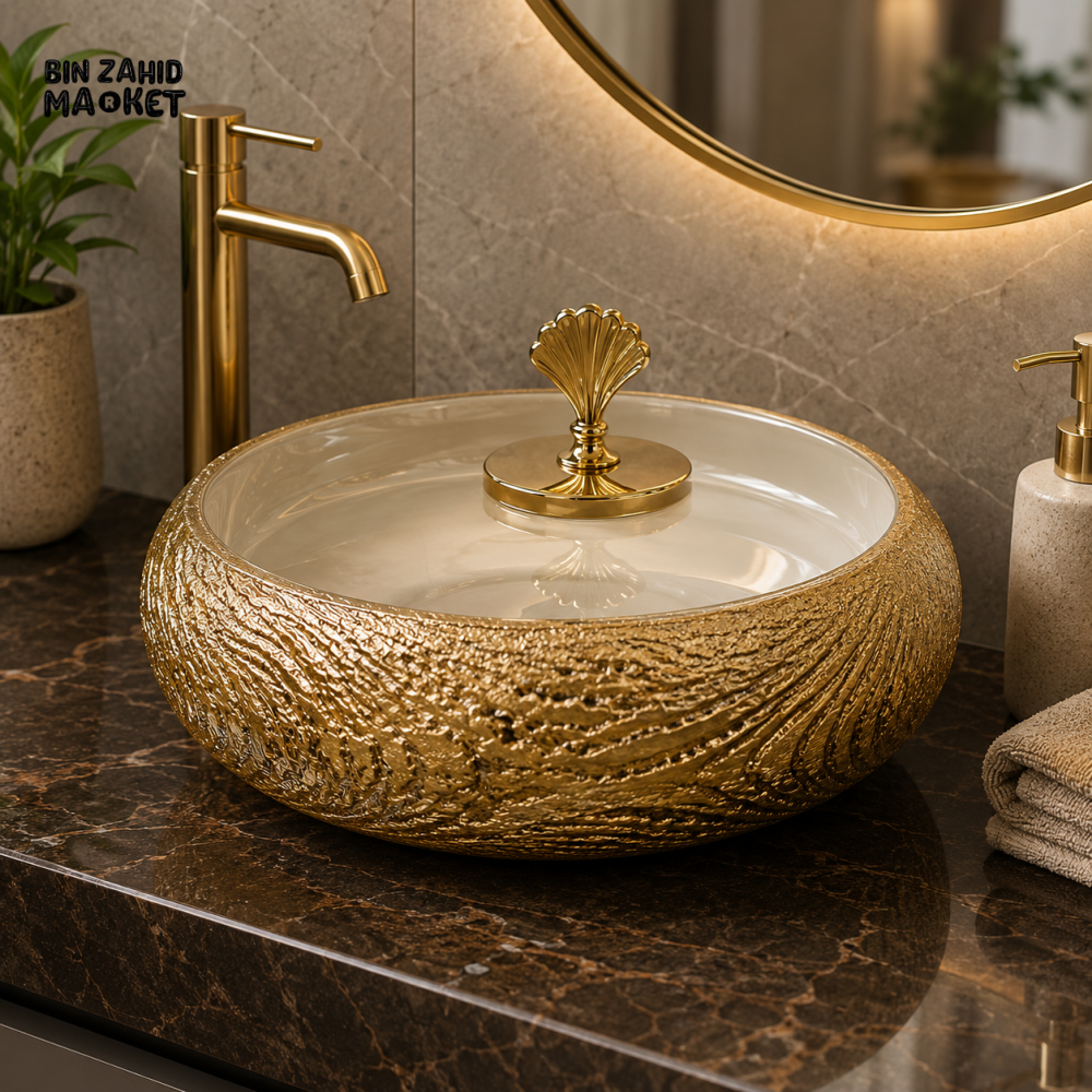 LUXURY GOLD TEXTURED CERAMIC VESSEL WASH BASIN WITH DECORATIVE LID - Figurines