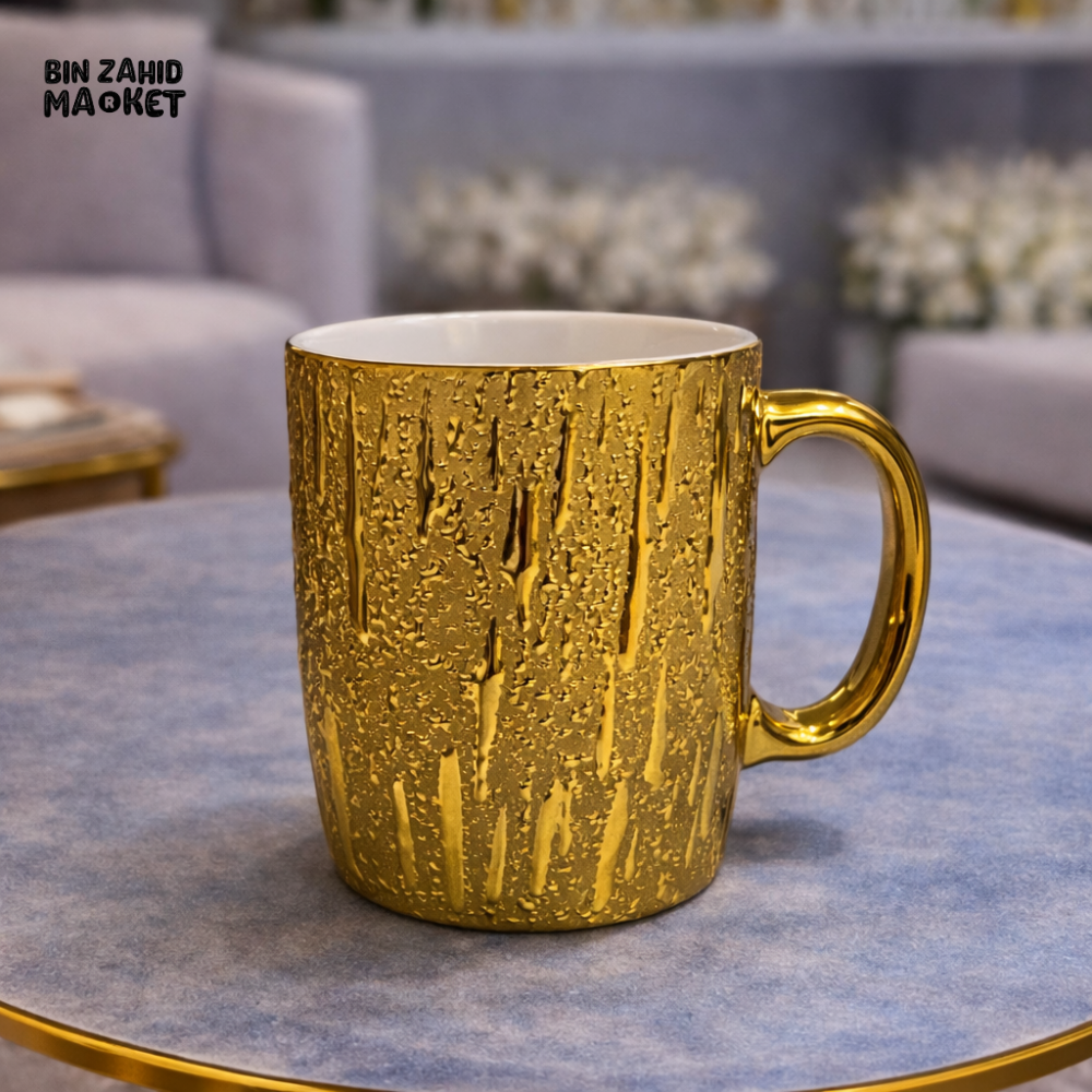 LUXURY GOLD TEXTURED COFFEE MUG WITH GLOSSY HANDLE – ELEGANT CERAMIC TEA CUP FOR HOME & GIFT