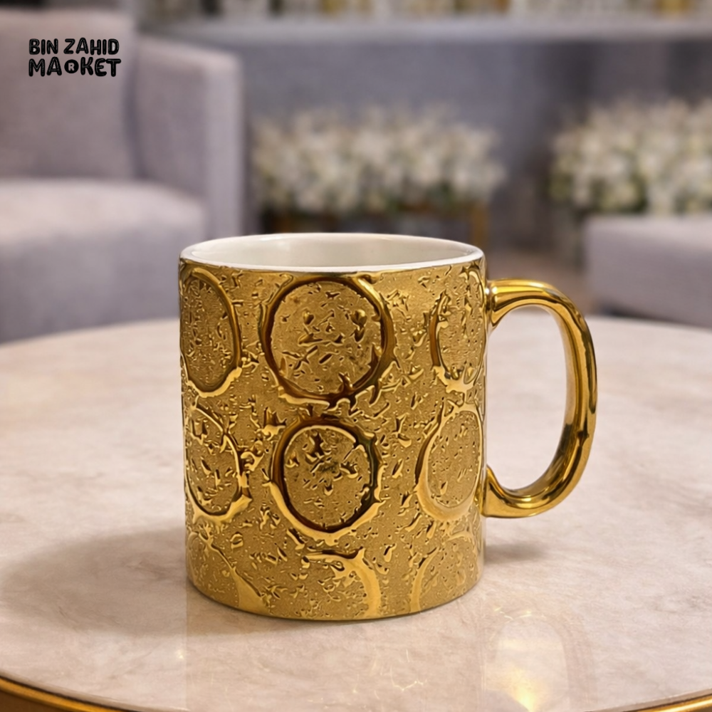 LUXURY GOLD TEXTURED COFFEE MUG WITH METALLIC HANDLE – PREMIUM CERAMIC TEA & COFFEE CUP