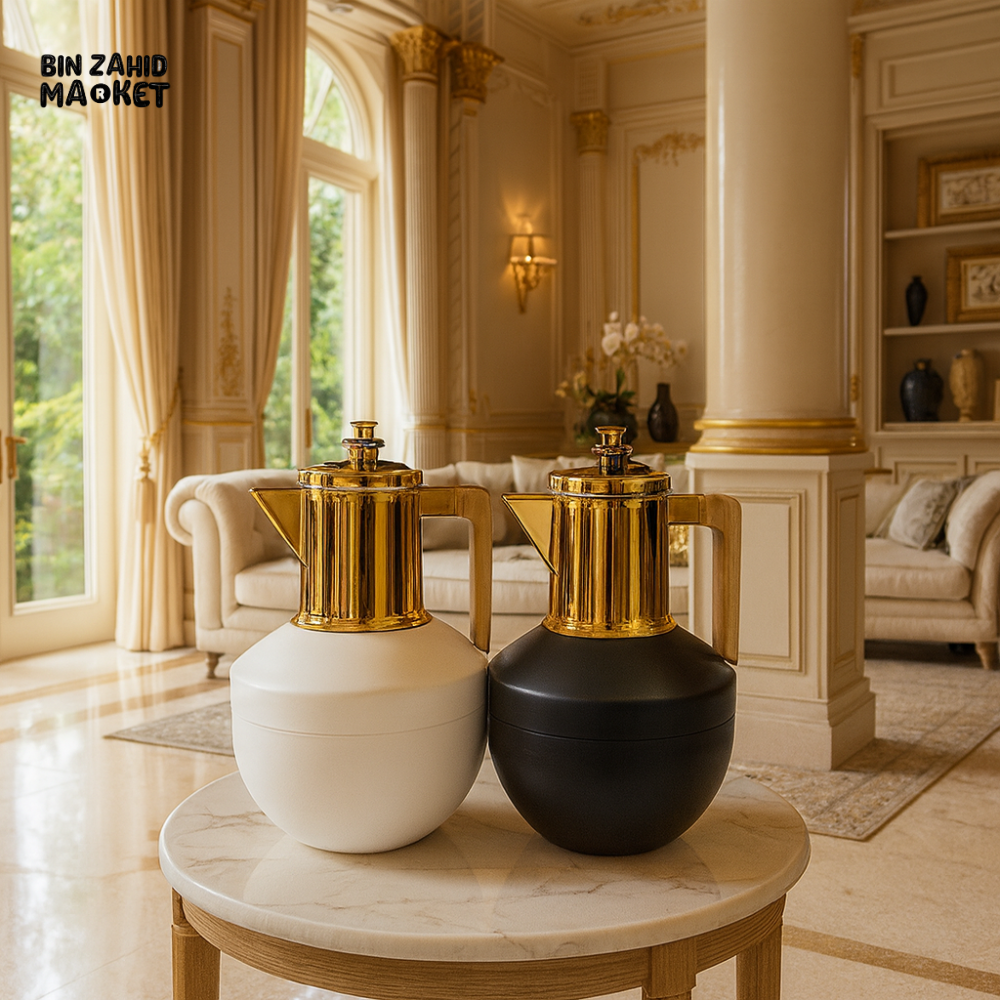 LUXURY GOLD THERMOS FLASK SET – BLACK & WHITE INSULATED CARAFE FOR VILLAS AND HOTELS - 1LITRE LS-055 (TU-6)