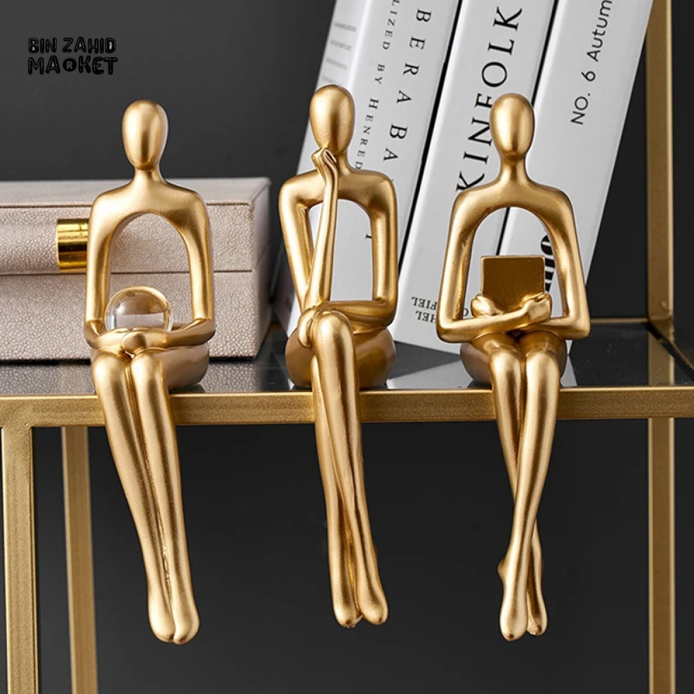 LUXURY GOLD THINKER STATUE – 3-PIECE ABSTRACT RESIN SCULPTURE SET FOR HOME & OFFICE DECOR