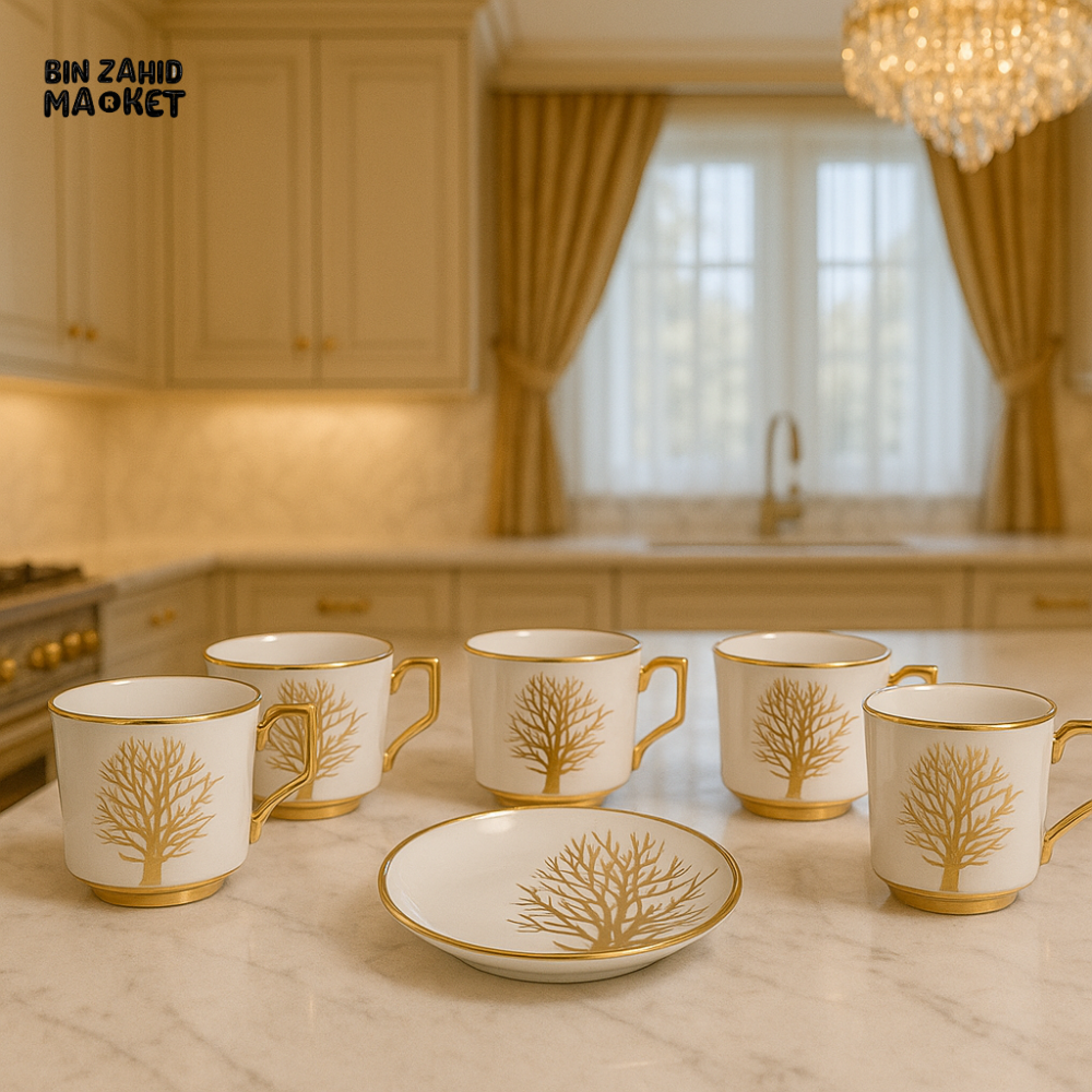 LUXURY GOLD TREE DESIGN TEA CUP SET – 6 PIECE WITH SAUCER | PREMIUM PORCELAIN COFFEE MUGS FOR VILLA KITCHEN DECOR