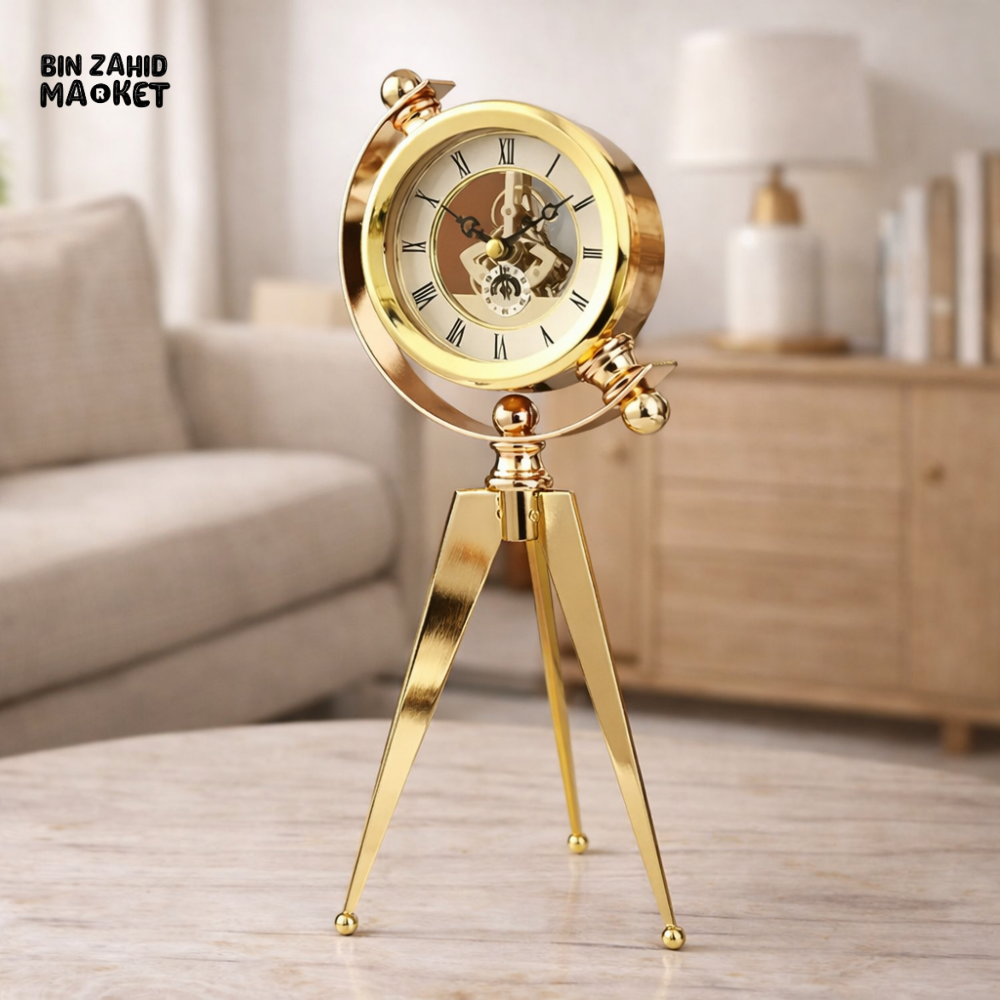 LUXURY GOLD TRIPOD TABLE CLOCK – VINTAGE STYLE HOME DECOR DESKTOP TIMEPIECE