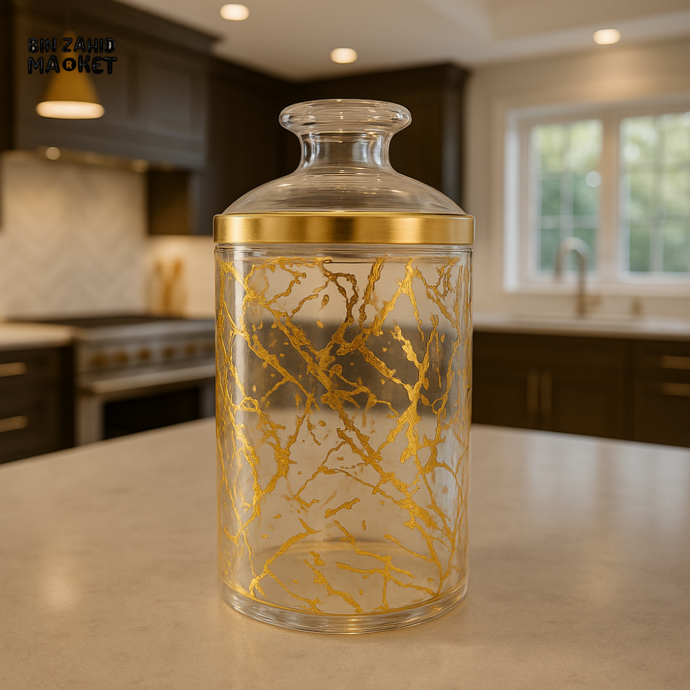 LUXURY GOLD VEINED GLASS JAR – ELEGANT DECORATIVE STORAGE CONTAINER FOR KITCHEN, SNACKS & DRY GOODS