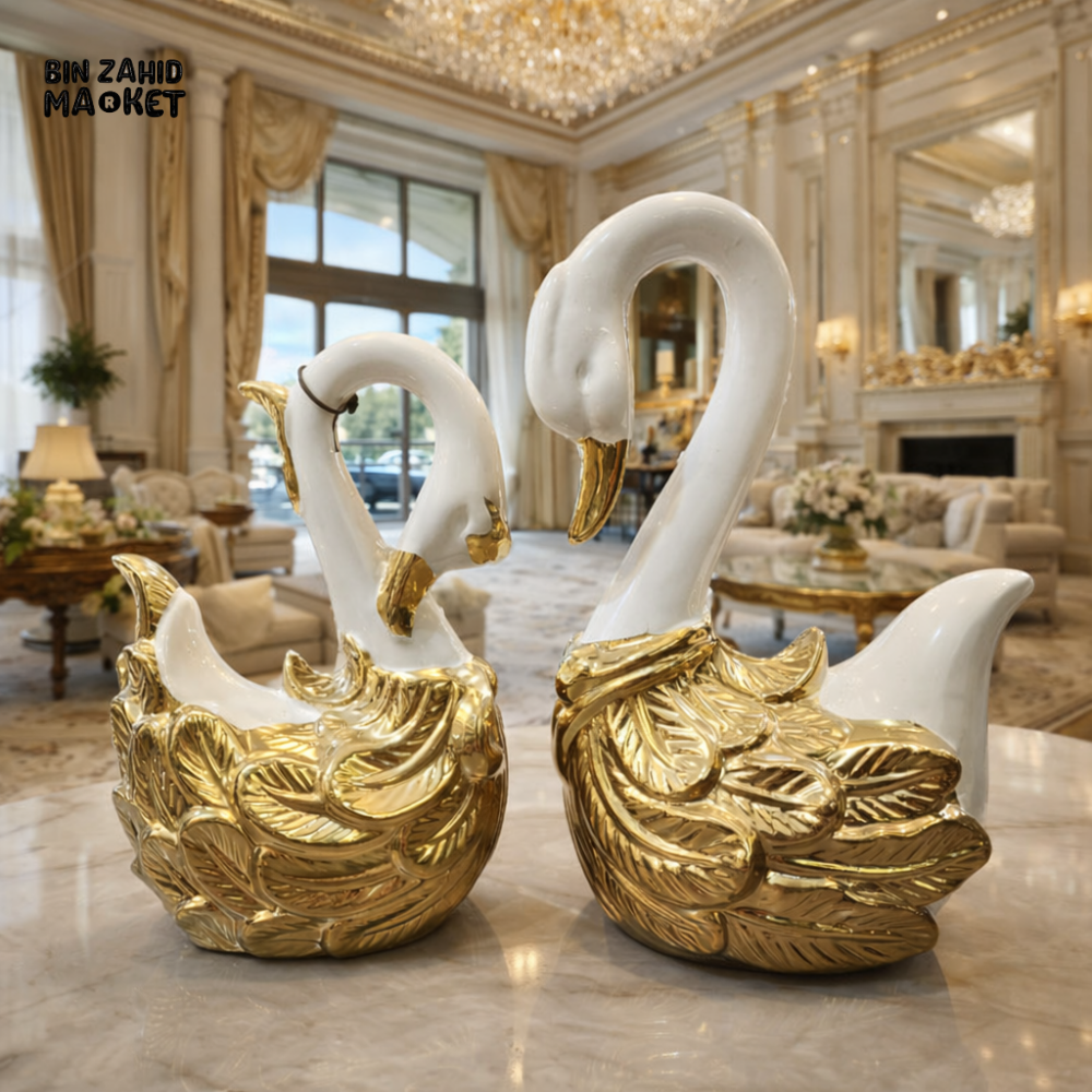 LUXURY GOLD & WHITE CERAMIC SWAN PAIR – ELEGANT HOME DÉCOR SHOWPIECE