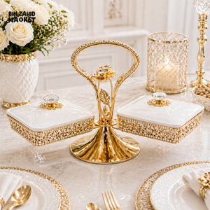LUXURY GOLD & WHITE DOUBLE SERVING DISH WITH STAND - 2 PIECE