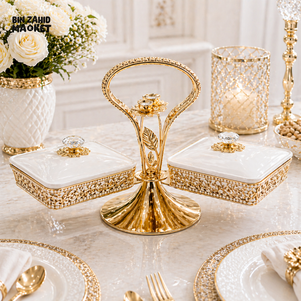 LUXURY GOLD & WHITE DOUBLE SERVING DISH WITH STAND - 2 PIECE