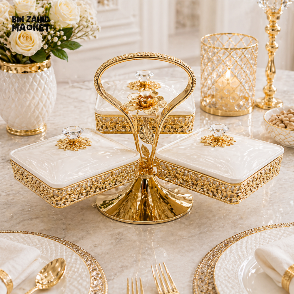 LUXURY GOLD & WHITE DOUBLE SERVING DISH WITH STAND - 3 PIECE