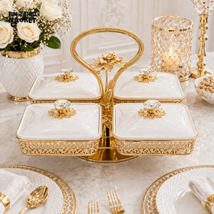 LUXURY GOLD & WHITE DOUBLE SERVING DISH WITH STAND - 4 PIECE