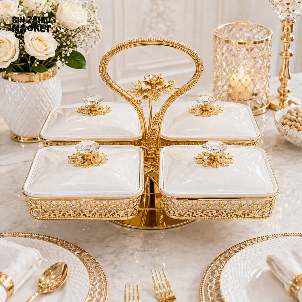LUXURY GOLD & WHITE DOUBLE SERVING DISH WITH STAND - 4 PIECE