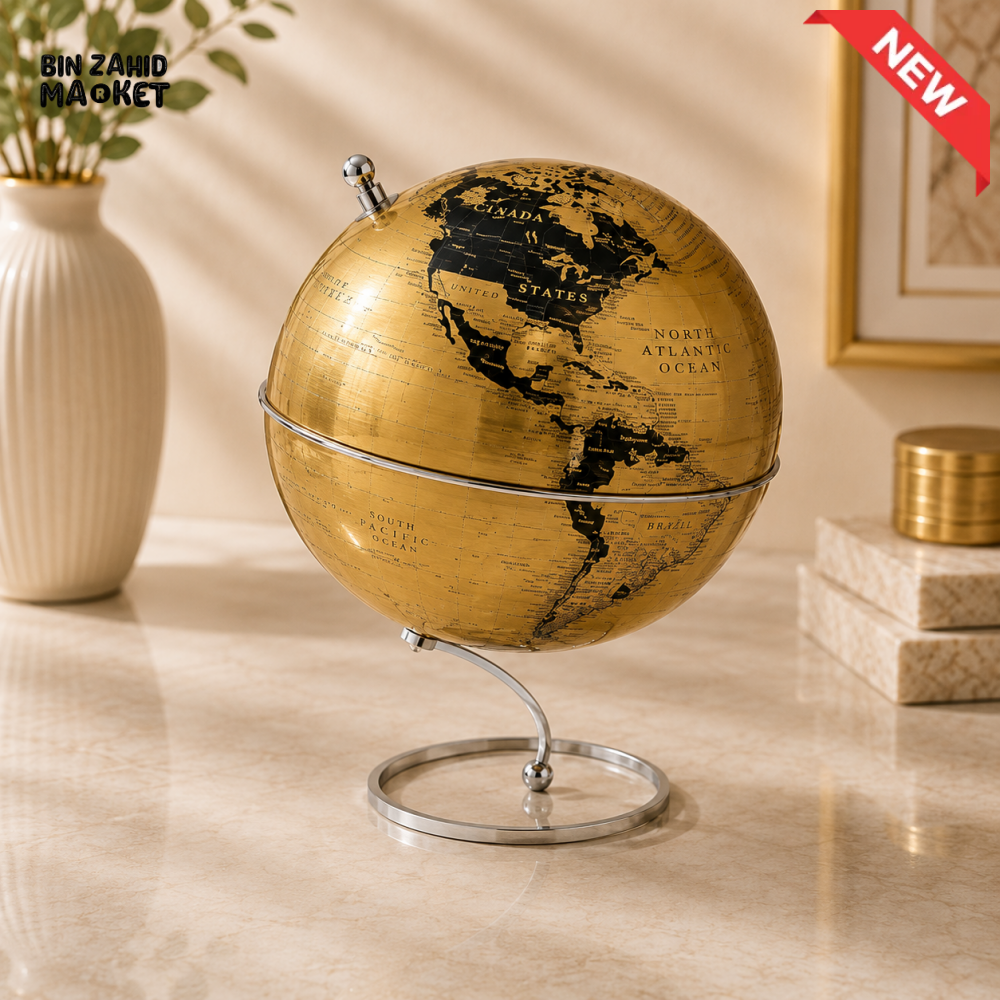 LUXURY GOLD WORLD GLOBE WITH SILVER DISPLAY STAND