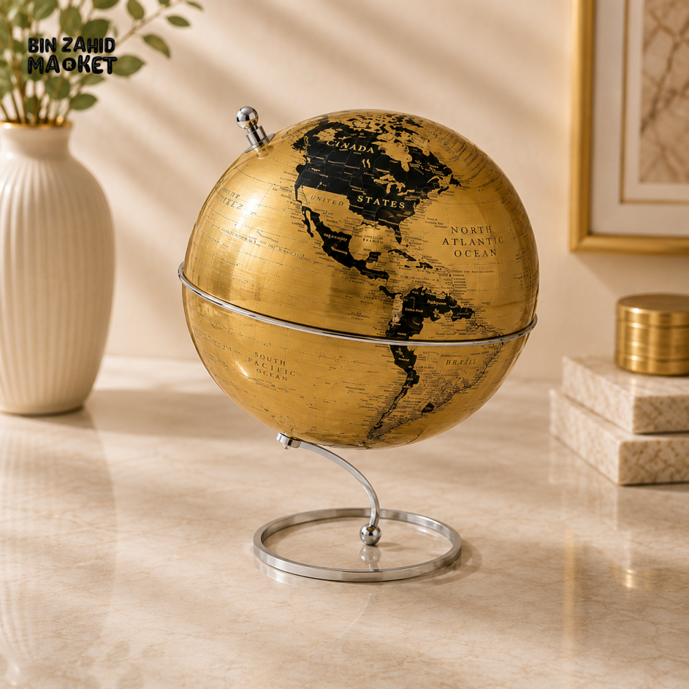 LUXURY GOLD WORLD GLOBE WITH SILVER DISPLAY STAND