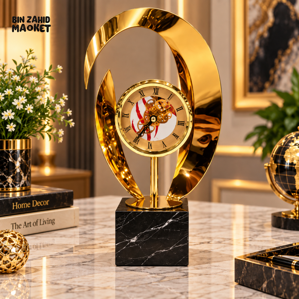 LUXURY GOLDEN ABSTRACT SKELETON TABLE CLOCK WITH BLACK MARBLE BASE