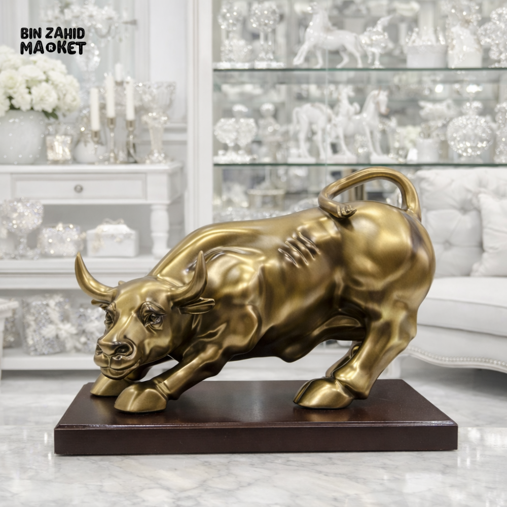 LUXURY GOLDEN BULL SCULPTURE WITH SOLID WOODEN BASE – PREMIUM HOME DECOR STATUE