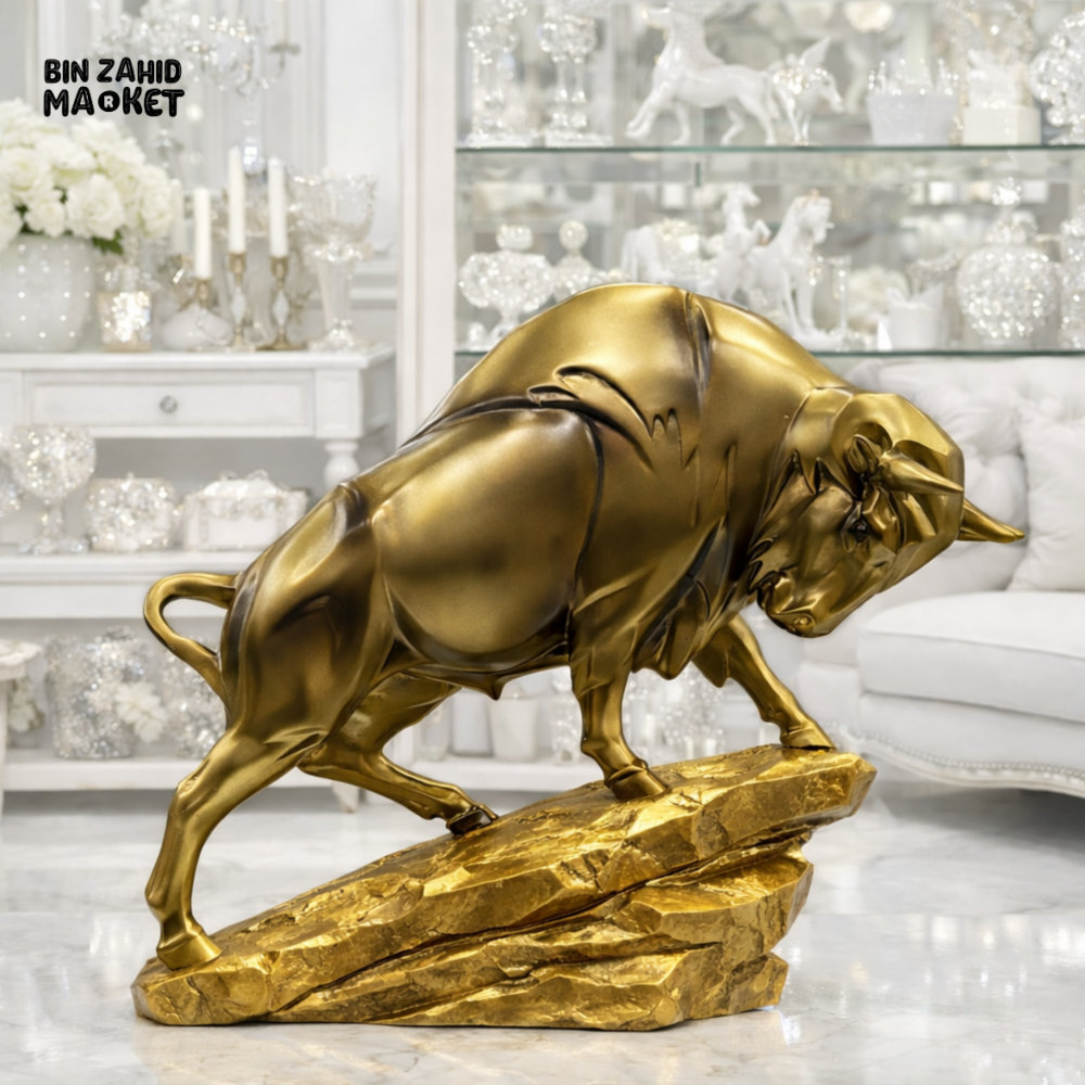 LUXURY GOLDEN BULL SCULPTURE WITH STONE-STYLE GOLDEN BASE – PREMIUM HOME DECOR STATUE