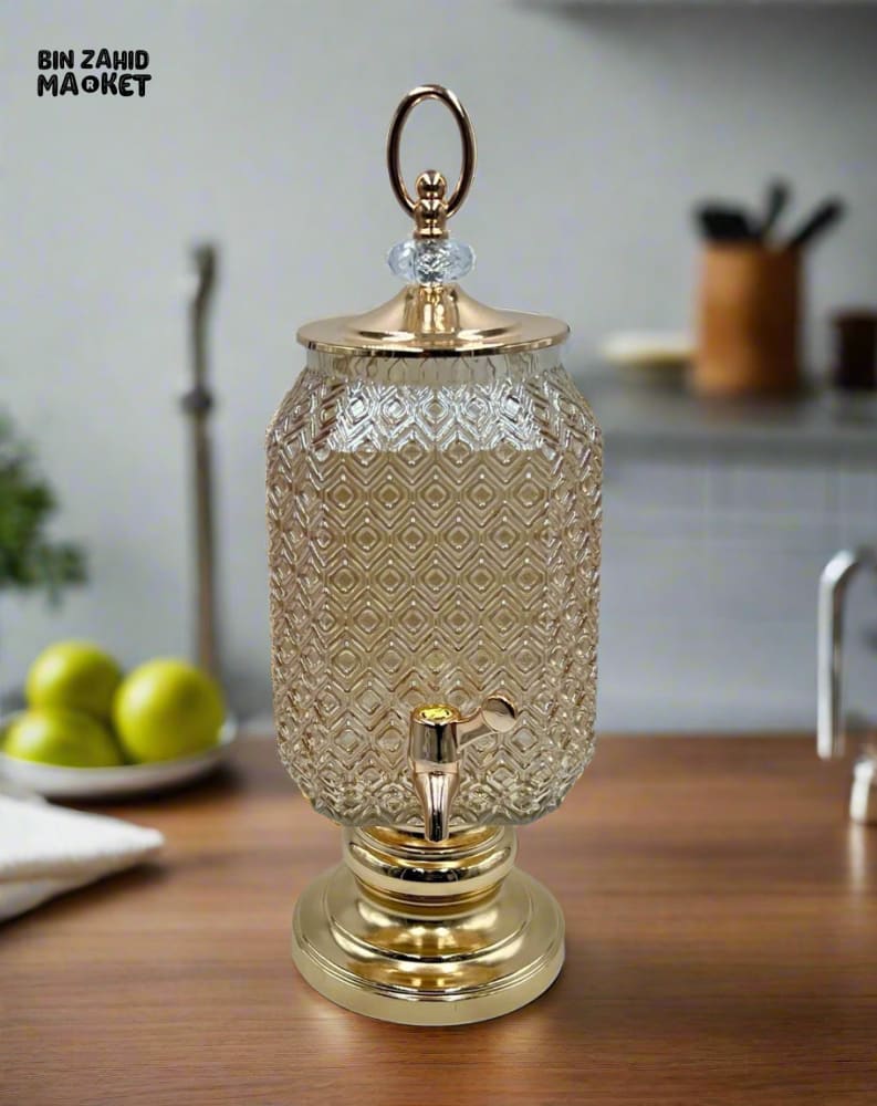 LUXURY GOLDEN CRYSTAL BEVERAGE DISPENSER – ELEGANT GLASS JUICE CONTAINER WITH FAUCET FOR KITCHEN & EVENTS