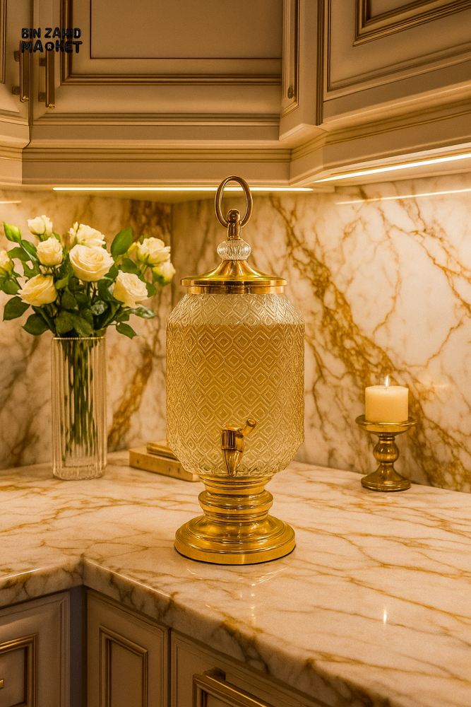 LUXURY GOLDEN CRYSTAL BEVERAGE DISPENSER – ELEGANT GLASS JUICE CONTAINER WITH FAUCET FOR KITCHEN & EVENTS