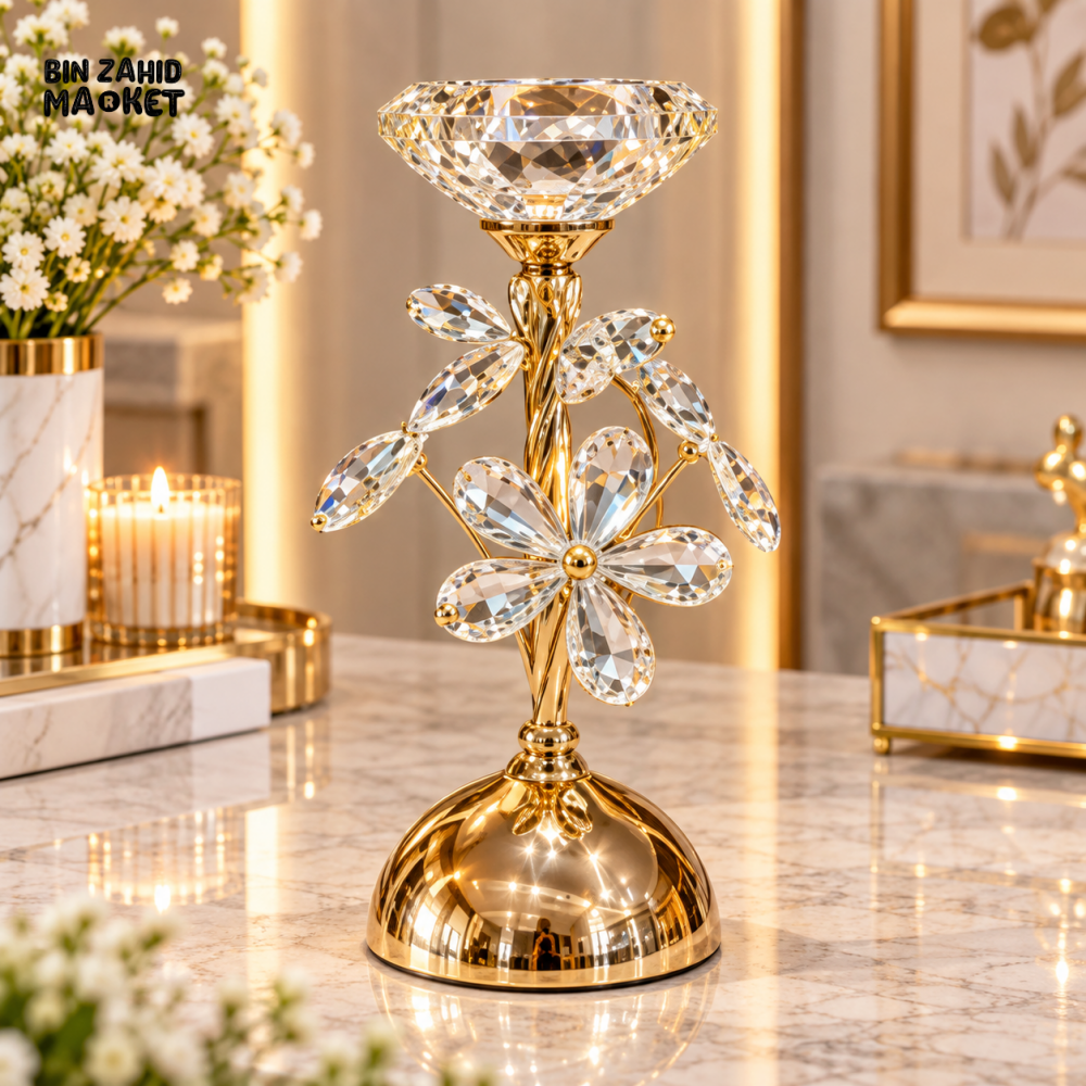 LUXURY GOLDEN CRYSTAL FLORAL CANDLE HOLDER